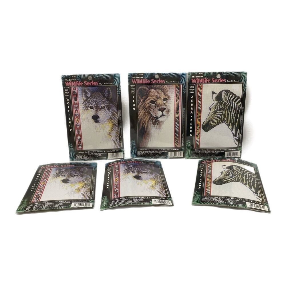 Lot Of 6 The Janlynn Wildlife Series Counted Cross Stitch - Lion, Zebra, Wolf